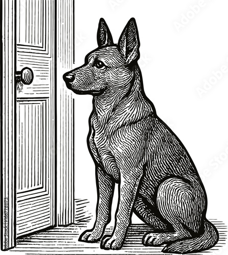 Illustration of an animal sitting patiently near a partially open door in black and white. Detailed linework emphasizes the animal's features and