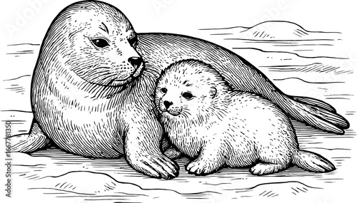Ink illustration of a mother seal and her pup resting together on a textured surface with detailed shading and linework conveying their fur and form