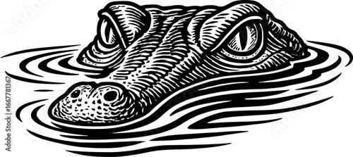 Intricate black and white illustration of an animal's head emerging from water ripples evoking a sense of stealth and wildlife in natural habitat