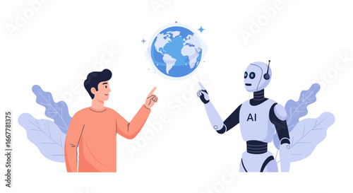 A modern flat illustration depicts a human and an AI robot pointing towards a glowing globe, symbolizing collaborative efforts for future global technological innovation.