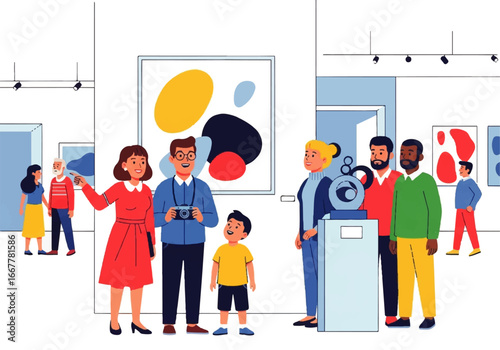 Family exploring abstract art and sculptures in an art gallery. Suitable for marketing artworks, cultural events, and educational materials.