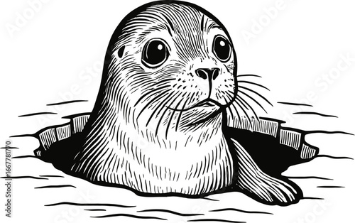 Monochrome illustration of a seal emerging from a hole in the ice looking at the viewer