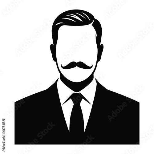Handlebar Mustache Side Part Hair Silhouette, Vector, Illustration, Outline, Line Art, Icon, White Background.
