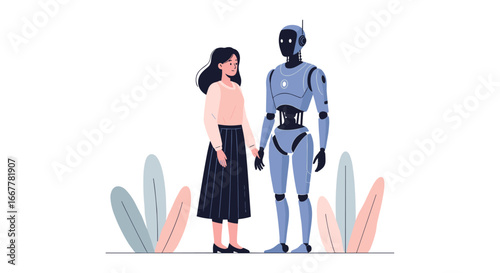 A modern flat illustration depicts a human woman and a sleek robot holding hands, symbolizing the evolving bond between people and intelligent AI.