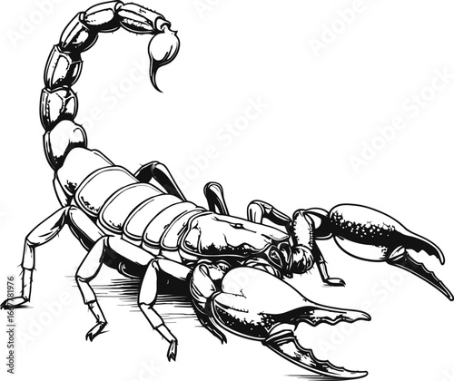 Detailed monochrome illustration of a scorpion with raised tail and prominent claws. The image features intricate line work highlighting the
