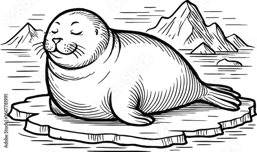 A monochrome illustration depicts a contented seal resting on a floating iceberg with mountain and water background