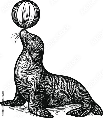 An illustration of a sea lion balancing a striped ball on its nose in a vintage style