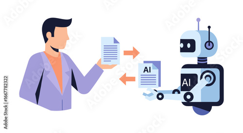 A man and a robot exchange documents, symbolizing the collaborative process between human intelligence and artificial intelligence in modern technology.