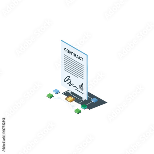 Isometric illustration of a signed contract document with digital connection points and abstract elements, symbolizing agreement and digital transactions.