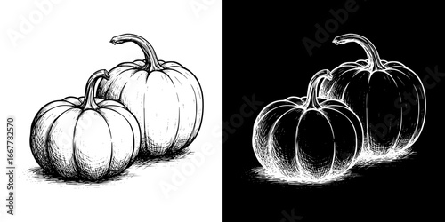 Monochrome isolated vector image of two pumpkins, isolated vector image, two design variants on transparent and black background, pencil drawing, chalk drawing