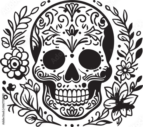 Sugar skull vector art: day of the dead floral skull illustration eps silhouette