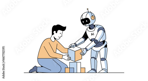 A man and a robot collaborate to build a structure with blocks, symbolizing the future of human-AI partnership and technological development.