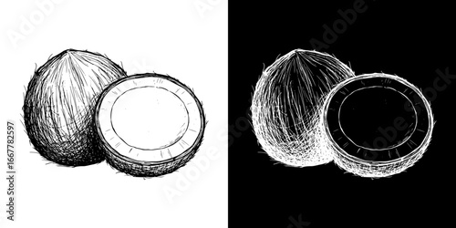 Monochrome isolated vector image of whole and cut coconuts, two design variants on transparent and black background, pencil drawing, chalk drawing