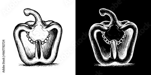 Monochrome isolated vector image of halved pepper, two design variants on transparent and black background, pencil drawing, chalk drawing
