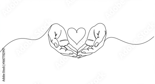 Heart held tenderly in hands, a symbol of love, care, and compassion in a delicate line art style