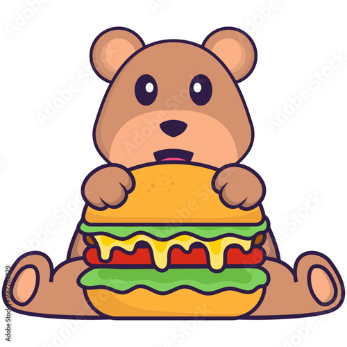A cute cartoon bear happily devouring a large, delicious burger with all the fixings.