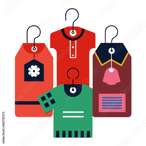 Colorful clothing tags featuring stylized garments and hangers