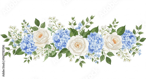 Elegant floral arrangement with white roses and blue hydrangeas for wedding invitations and spring designs