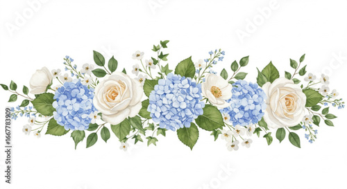 Romantic floral arrangement with roses, hydrangeas, and delicate greenery for beautiful wedding invitations