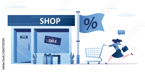 Modern store holds an advertising campaign, discount. Flag with sale sign on flagpole. Happy woman buyer quickly runs with shopping cart for purchases. Marketing,