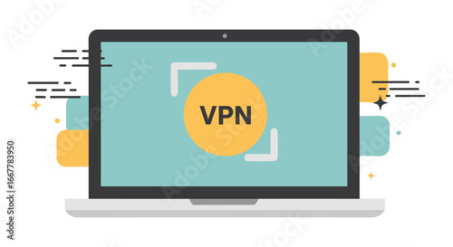 A modern flat design illustration depicting a laptop with a VPN symbol on its screen, representing secure and private internet browsing.