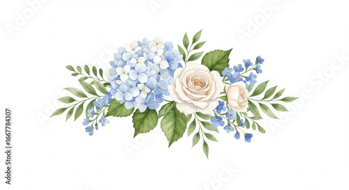 Watercolor floral arrangement with blue hydrangea, white roses, and forget-me-nots for a delicate design