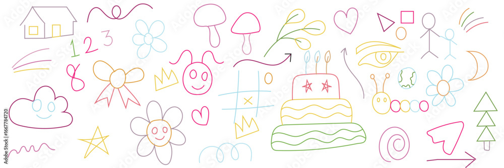 Fototapeta premium Colorful doodle collage with playful symbols. A lively collection of colorful doodles featuring birthday cake, flowers, clouds, shapes, and fun hand-drawn sketches in multiple colors.