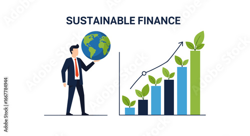 A businessman advocates for sustainable finance, illustrating the positive impact of eco-friendly investments on global growth and environmental well-being.