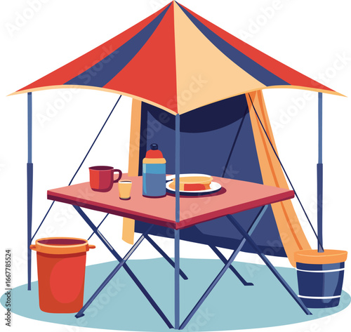 tent with foldable table and plates outside