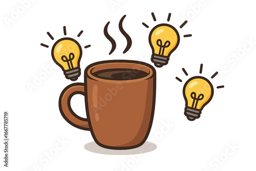 Coffee cup with glowing light bulbs symbolizing creativity and inspiration during productive work sessions at home, vector cartoon illustration with transparent background