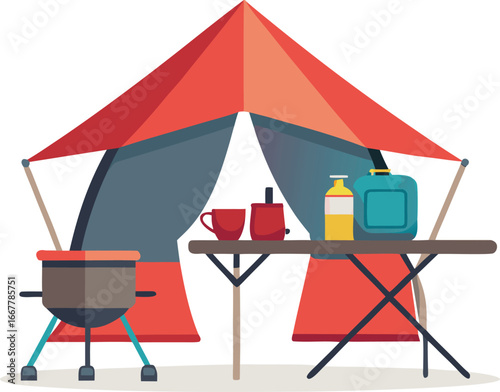tent with folding table and cookware outside