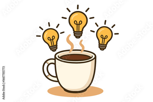 Coffee sparks ideas. Light bulb from coffee cup. Metaphor for creativity, inspiration, innovation, energy. Brainstorming concept. Productive morning, work boost, thinking.