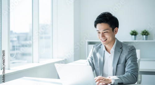 オフィスでパソコン作業をする笑顔の若いビジネスマン