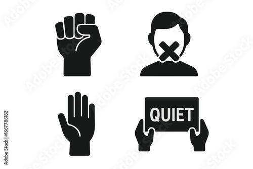 Silent resistance icon set. Quiet protest, censorship, and dissent symbols. Clenched fist, taped mouth, and stop hand gesture. Human rights and freedom of speech vector.