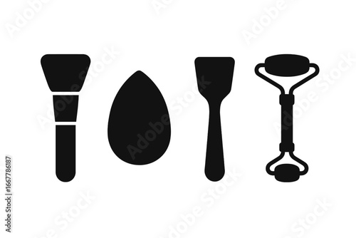 Skincare tools solid glyph icon set. Vector illustration of cosmetic accessories: foundation brush, beauty makeup sponge, cream spatula, and jade face roller for facial massage.