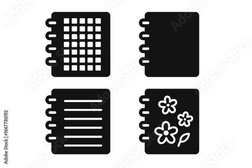 Sketchbook and notebook solid glyph icon set. Vector symbols of spiral notepads with grid paper, lined page, blank sheet, and flower doodles. For art, education, and writing.