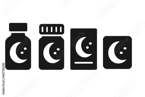 Sleeping aid solid icon set. Medicine for insomnia and sleep disorder. Pills, supplements, melatonin packaging. Bottle, box, carton. Health care drug. Night remedy vector.