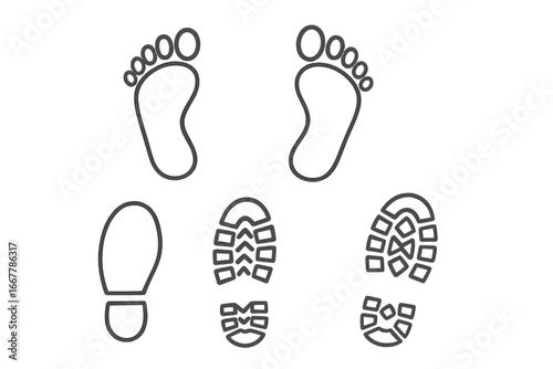 Footprints and shoe prints vector icon set. Human bare foot, boot and shoe sole imprints. Outline trail, track, and step shapes for walking or hiking. Evidence and trace concept.
