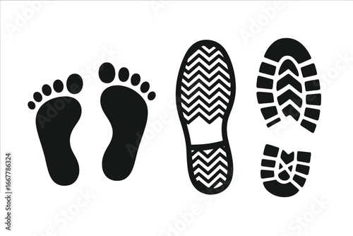 Human footprints and shoe prints vector set. Black silhouette of feet, sneaker sole, boot impression. Concept for walking, steps, trail, tracking, detective, evidence.
