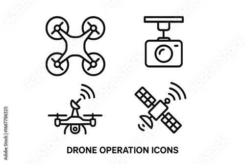 Drone operation line icon set. Vector symbols for quadcopter flight, aerial surveillance camera, gimbal control, and satellite communication. Unmanned aerial vehicle technology.