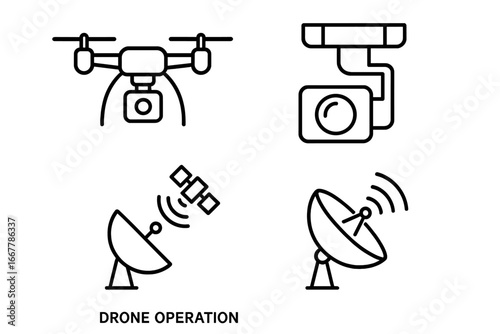 Drone operation line icon set. Quadcopter with camera, gimbal, satellite dish for communication and uplink. Reconnaissance, surveillance, and remote technology vector pictograms.