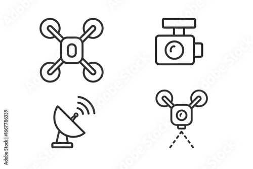 Drone technology outline icon set. Vector symbols of quadcopter, uav, camera gimbal, satellite uplink and reconnaissance operations. Unmanned aerial vehicle pictograms.
