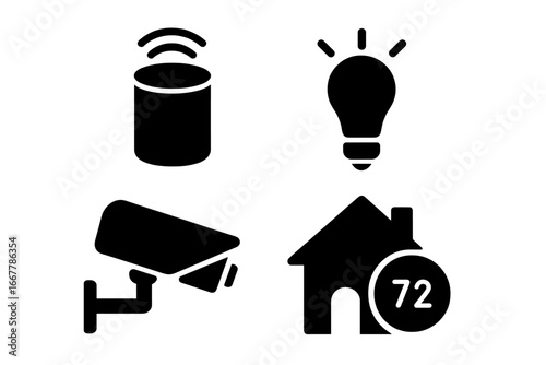 Smart home glyph icon set. Solid vector pictogram collection for home automation. Includes voice assistant, lightbulb, security camera, thermostat. Internet of Things (IoT) concept.