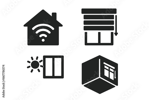 Smart home solid icon set. Home automation vector graphic symbols for blinds, window sensor, sunlight detection, wifi remote house control system. Technology pictogram design.
