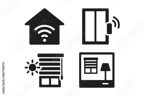 Smart home glyph icon set. Home automation vector graphics. Internet of things, remote control, window sensor, smart blinds, sunlight detection, wi-fi connection technology.
