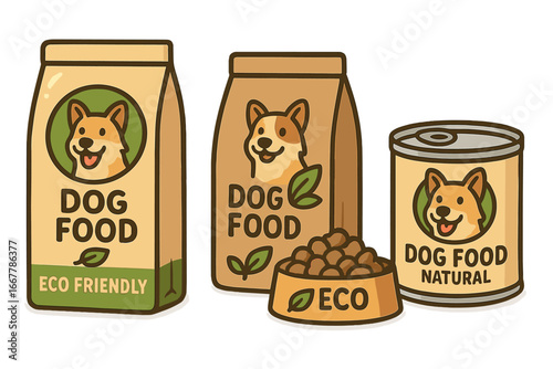 Eco friendly dog food packaging set. Natural pet nutrition concept. Sustainable, organic dry and wet food in bag, can and bowl. Vector cartoon illustration for conscious consumers.