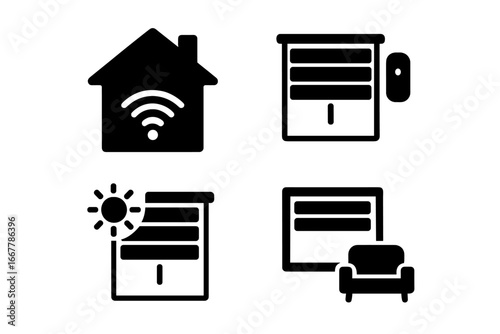 Smart home solid icon set. Home automation glyphs for smart blinds, window sensor, and sunlight detection. House control system technology symbols. Vector room illustration.
