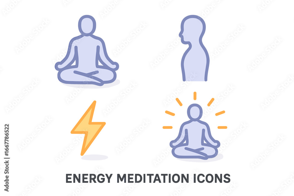 Obraz premium Energy meditation icon set. Isometric flat vector icons of person in lotus pose for yoga, mindfulness. Silhouette with straight spine, aura, and energy bolt for mental health.