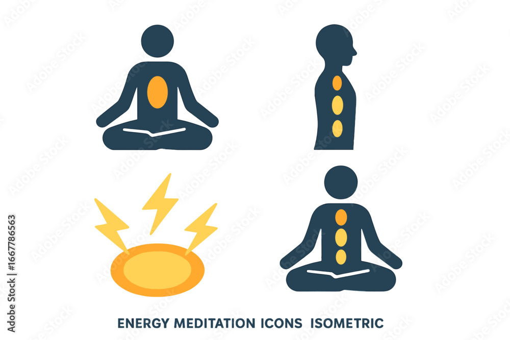 Fototapeta premium Chakra meditation icon set. Yoga lotus pose silhouette with spiritual energy points along the spine. Flat isometric vector for mindfulness, healing, balance, wellness concepts.