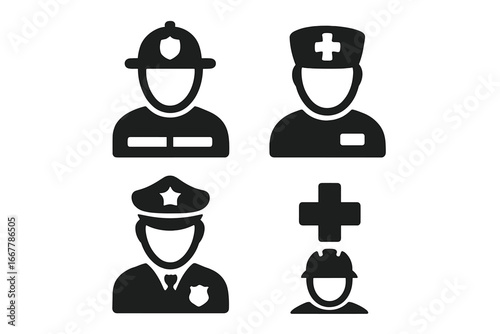 Emergency response team solid icon set. First responders vector symbols. Firefighter, police officer, paramedic, and rescue worker pictograms. Public safety glyphs collection.